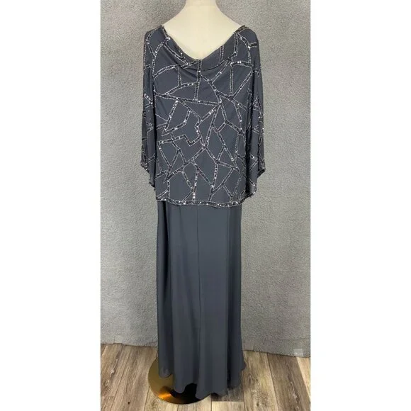 Jkara Women's Plus Size Grey Beaded Cowl Neck Gown With Sequin Overlay 14W NWT's - Picture 5 of 8